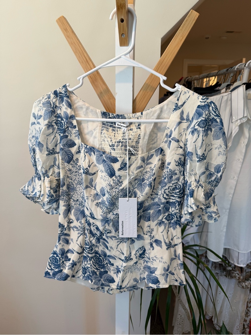 Reformation Blue and Cream Floral Puff-Sleeve Top